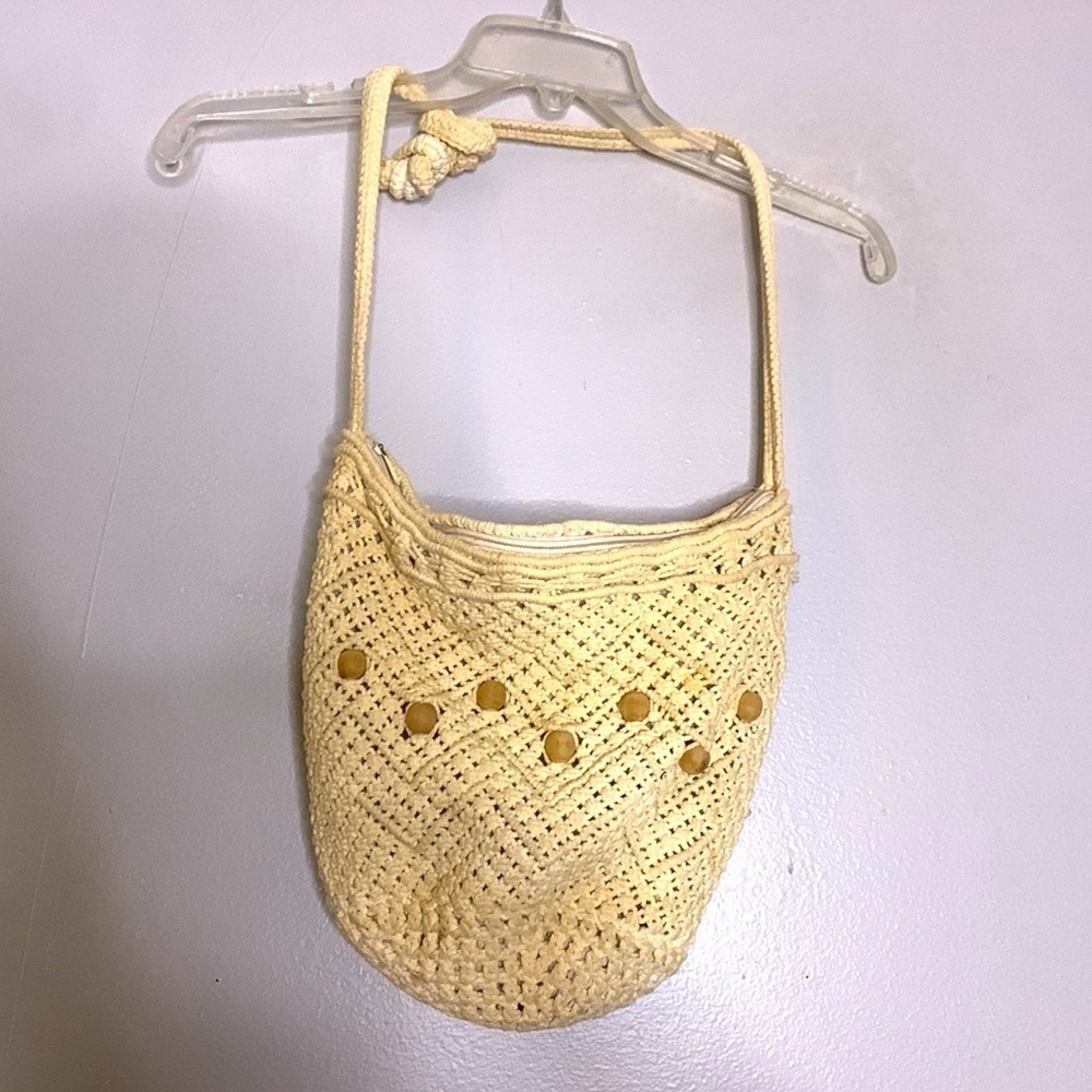 Vintage macramé woven off-white Crossbody shoulder bag purse one size